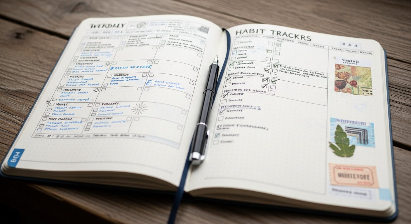 Bullet journal ouvert avec des pages organisées et des notes manuscrites, un stylo posé