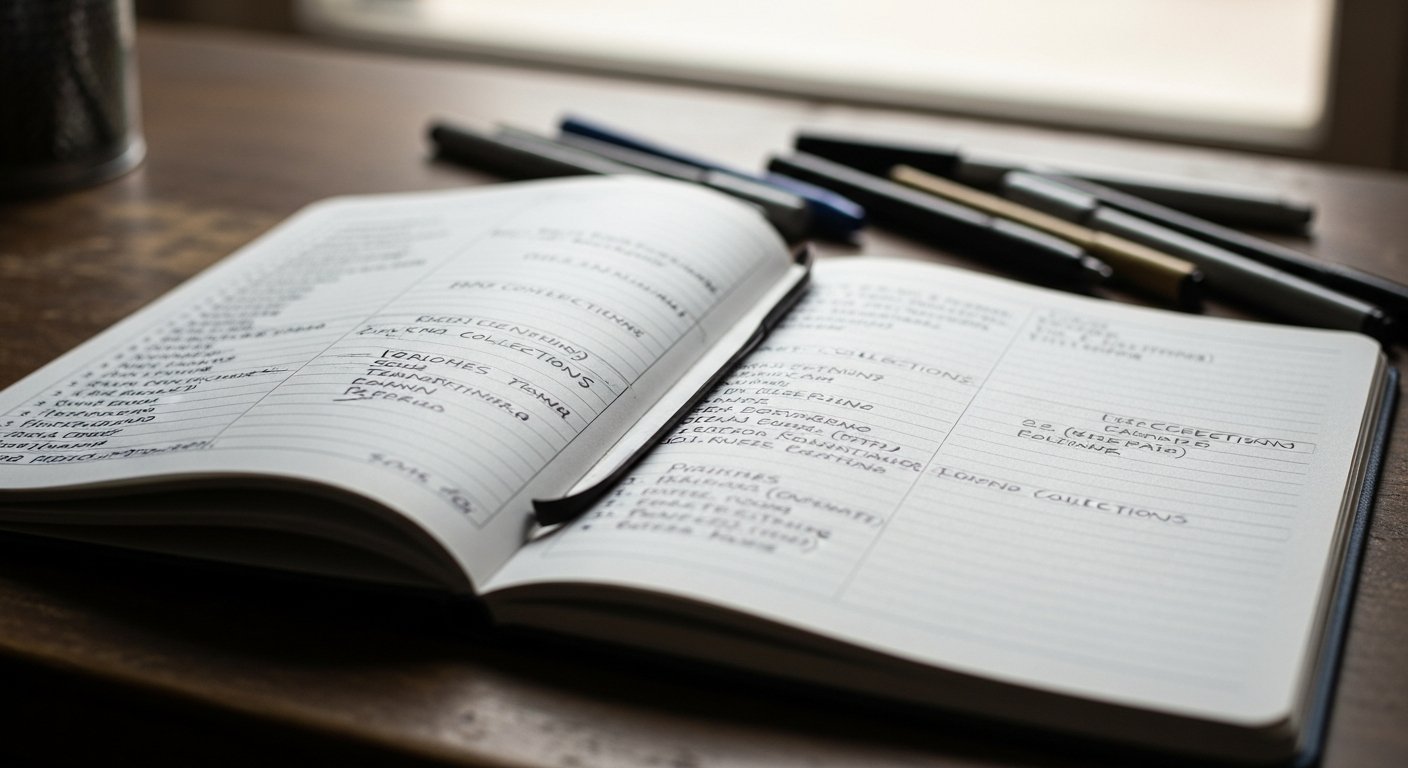 Carnet ouvert rempli de listes et de collections manuscrites, des feutres à côté