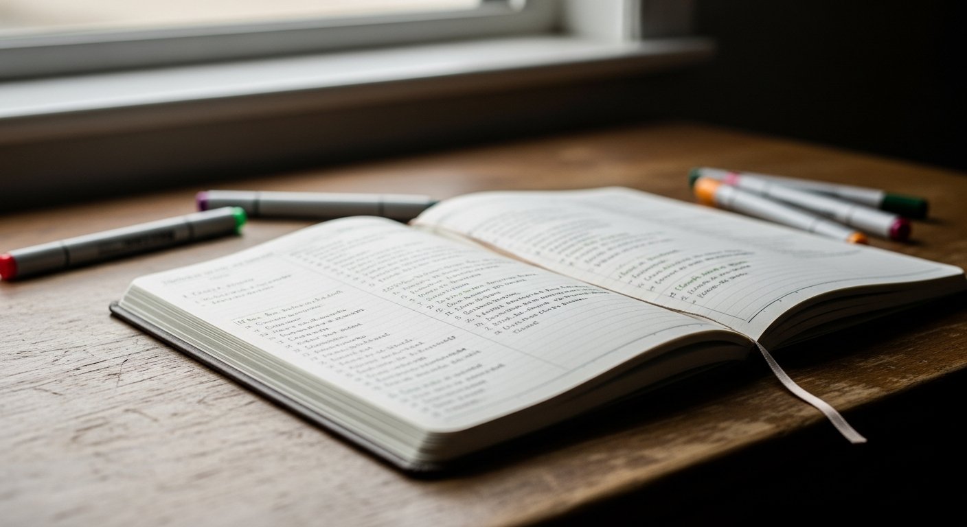 Carnet ouvert avec listes manuscrites