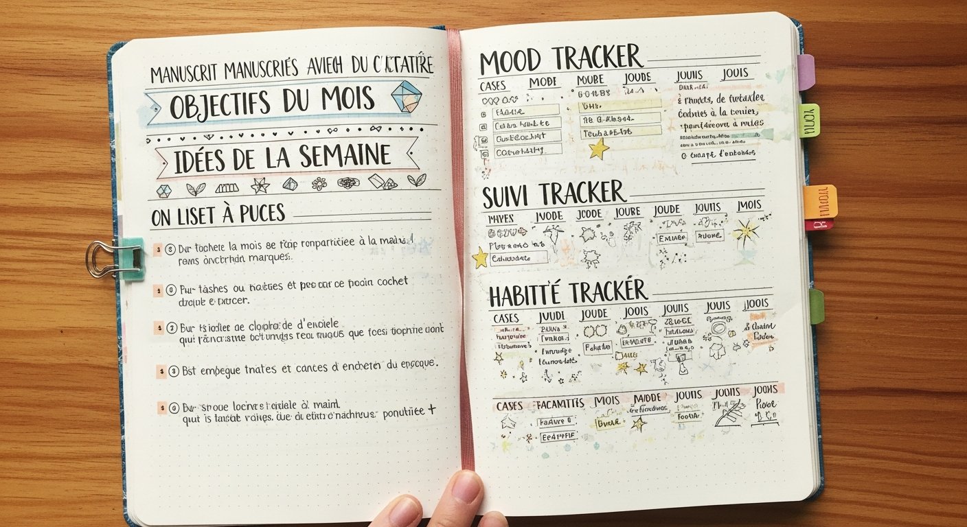 Page de bullet journal avec des bannières et des titres dessinés à la main