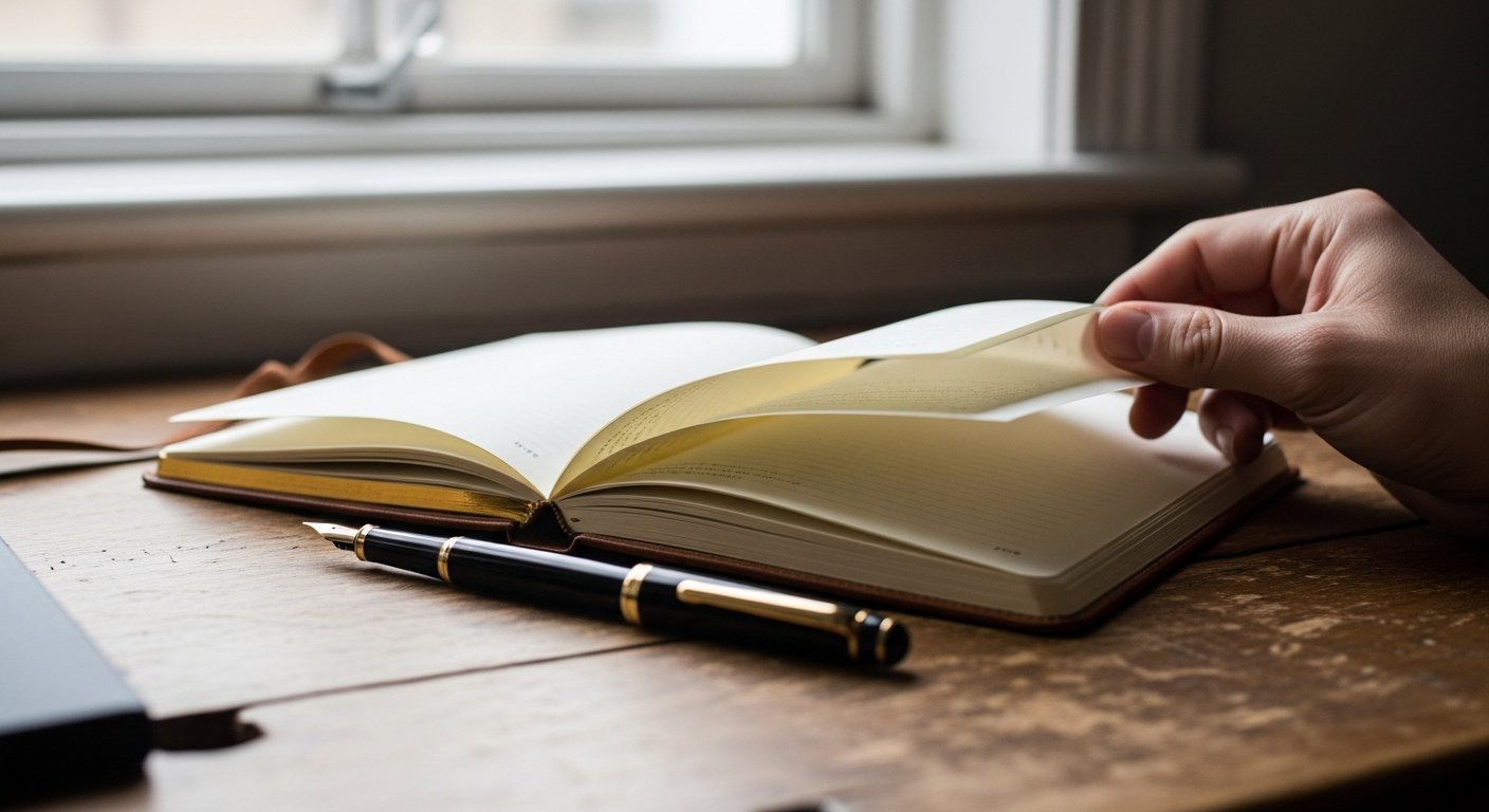 Carnet en cuir posé sur une table en bois