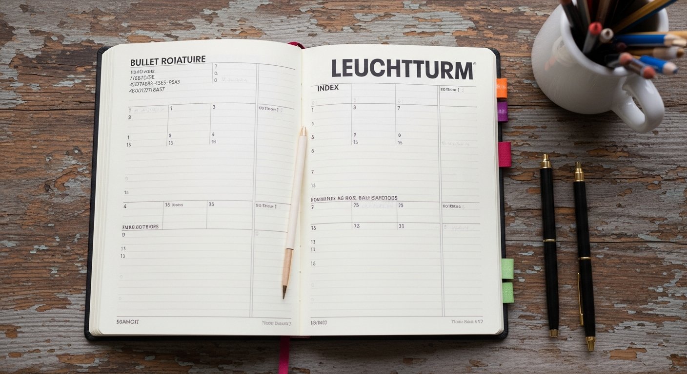 Carnet Leuchtturm ouvert en bullet journal, index et pages numérotées