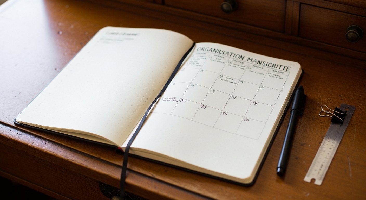 Bullet journal ouvert sur une page d'organisation mensuelle, stylo et règle