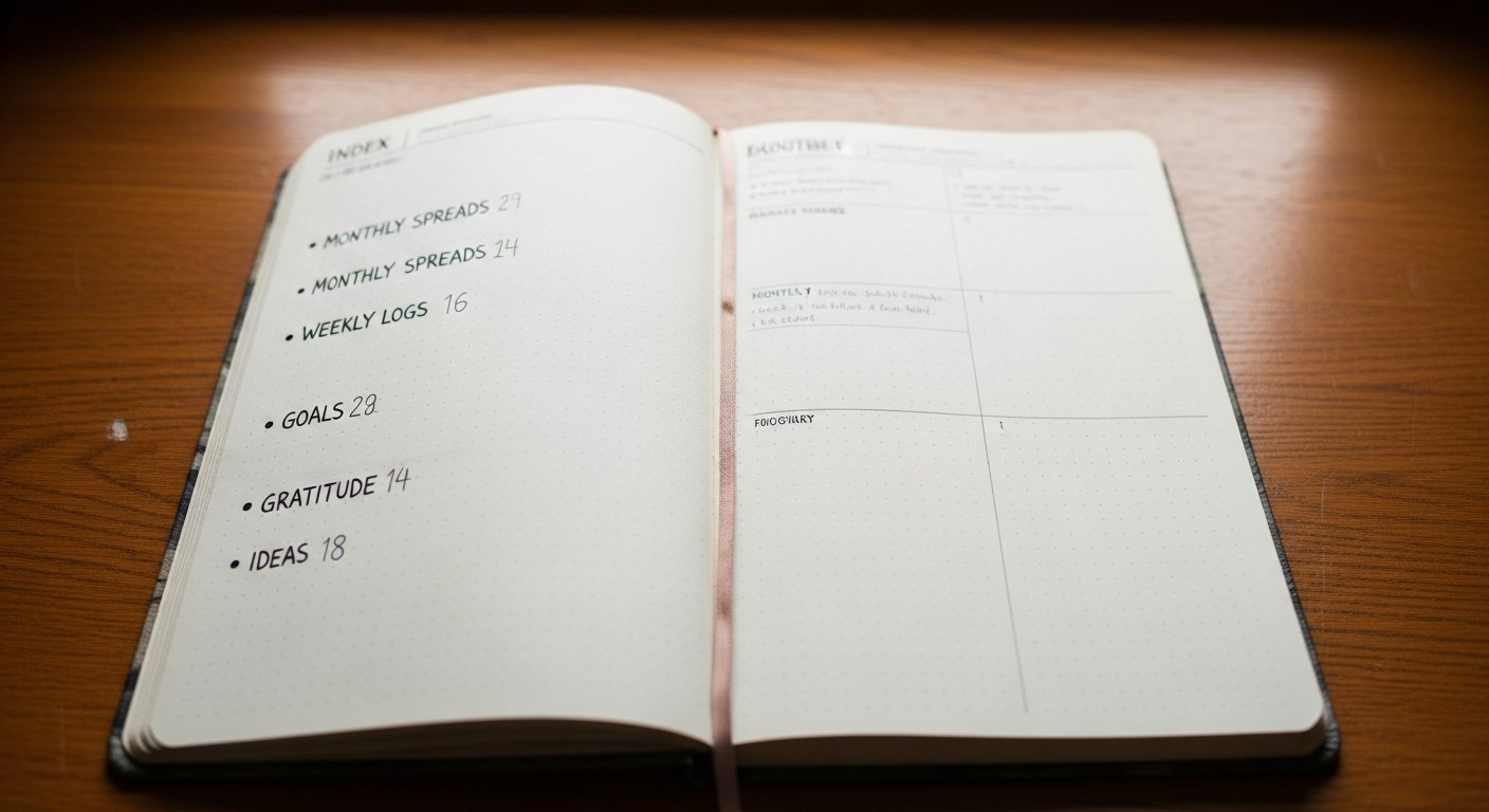 Bullet journal ouvert montrant des rubriques et un index manuscrit