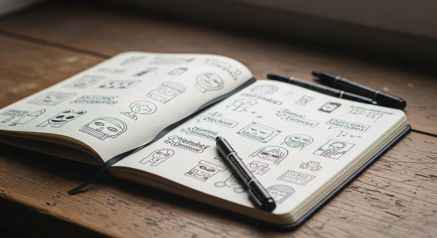Page de carnet couverte de petits doodles au feutre noir