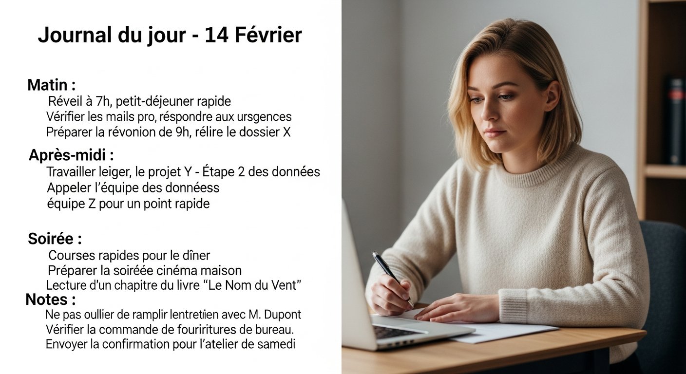 Page de bullet journal quotidien manuscrite, un stylo posé