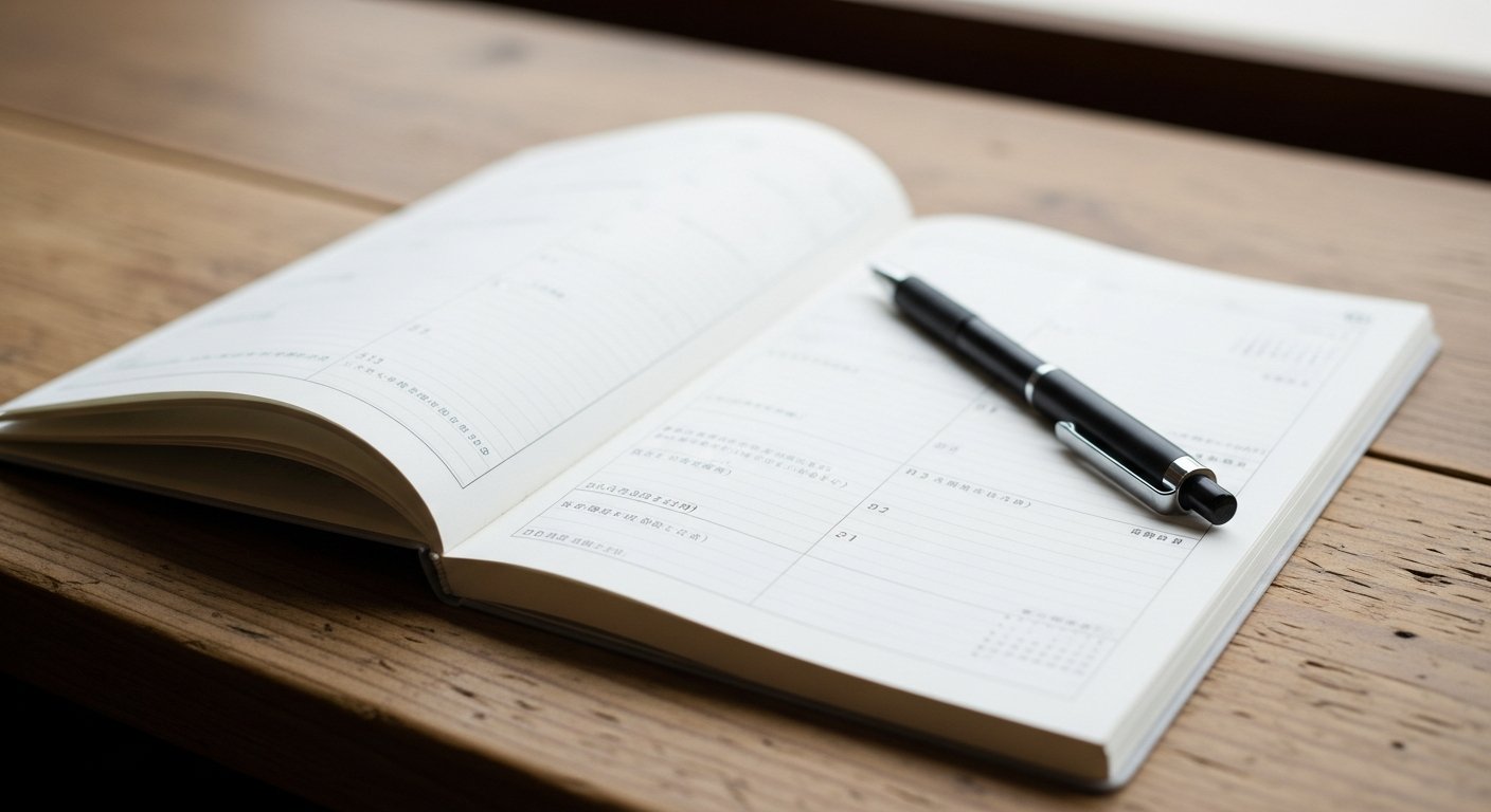 Hobonichi Techo Cousin ouvert sur un bureau avec stylo-plume