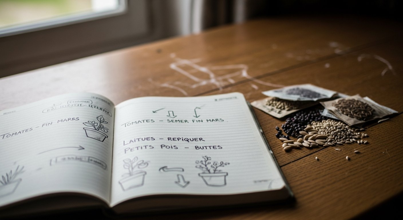 Carnet de jardinage ouvert avec des notes de plantations de printemps