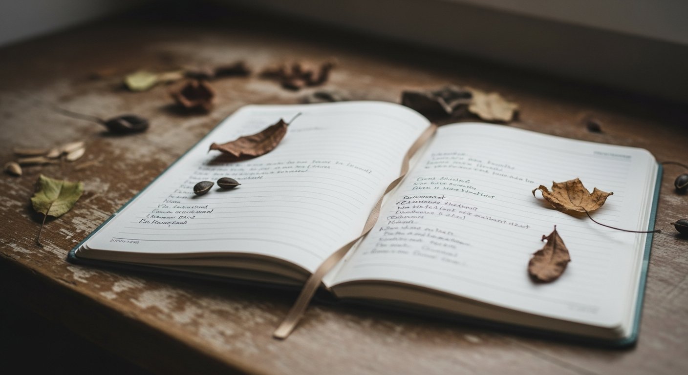 Carnet de jardinage ouvert avec des notes d'automne, feuilles et graines