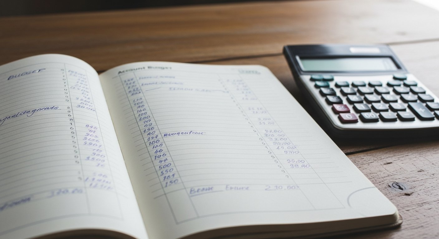 Carnet de comptes ouvert avec des colonnes de budget manuscrites