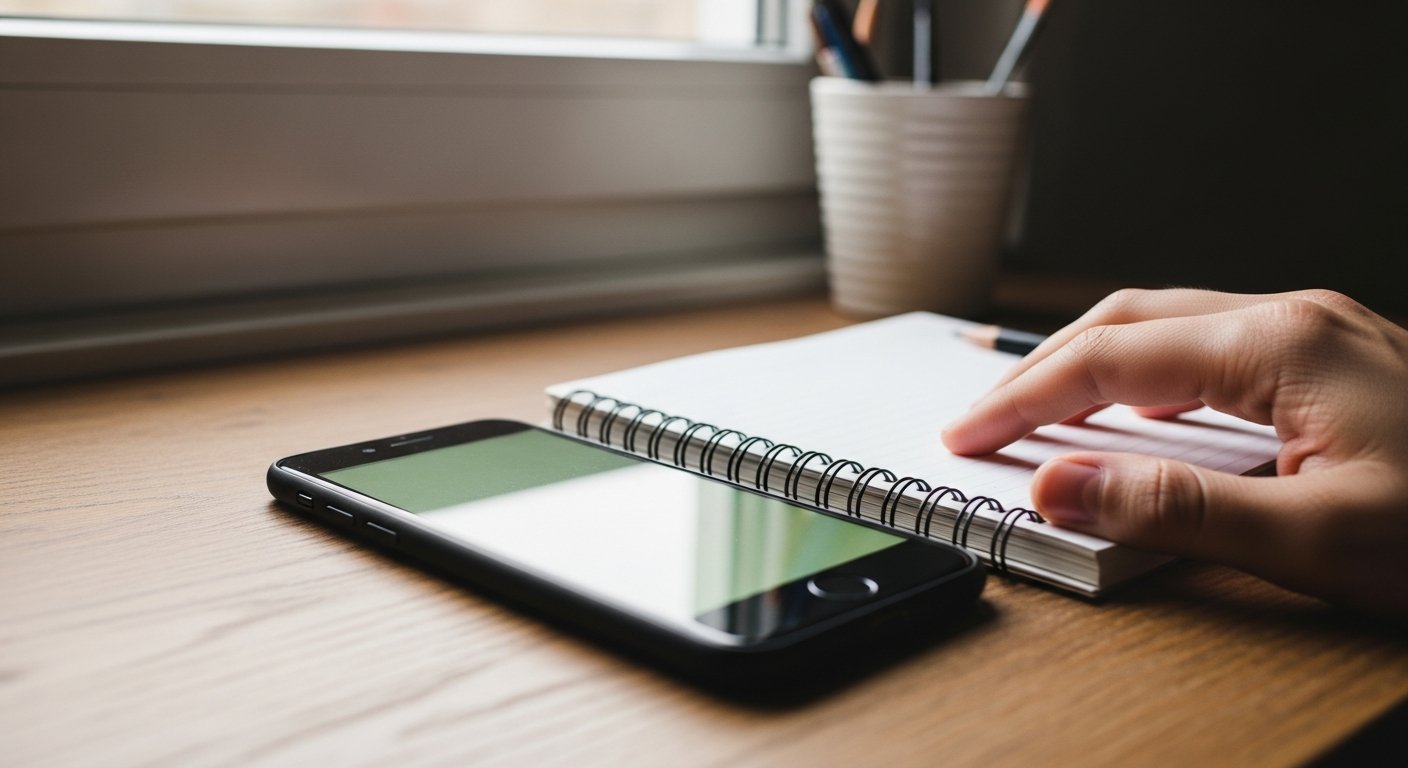 Carnet papier posé à côté d'un téléphone affichant une application de journal