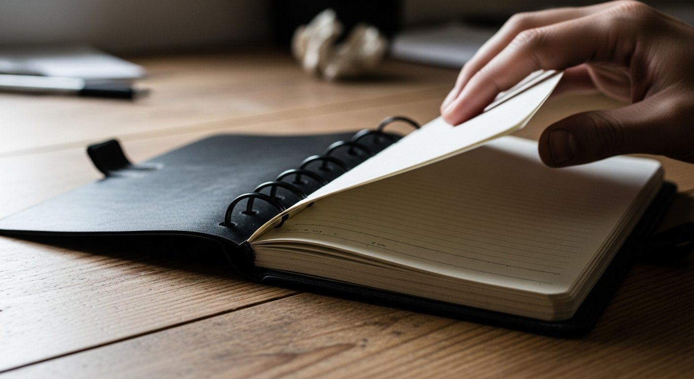 Carnet Moleskine Classic noir fermé sur un bureau en bois