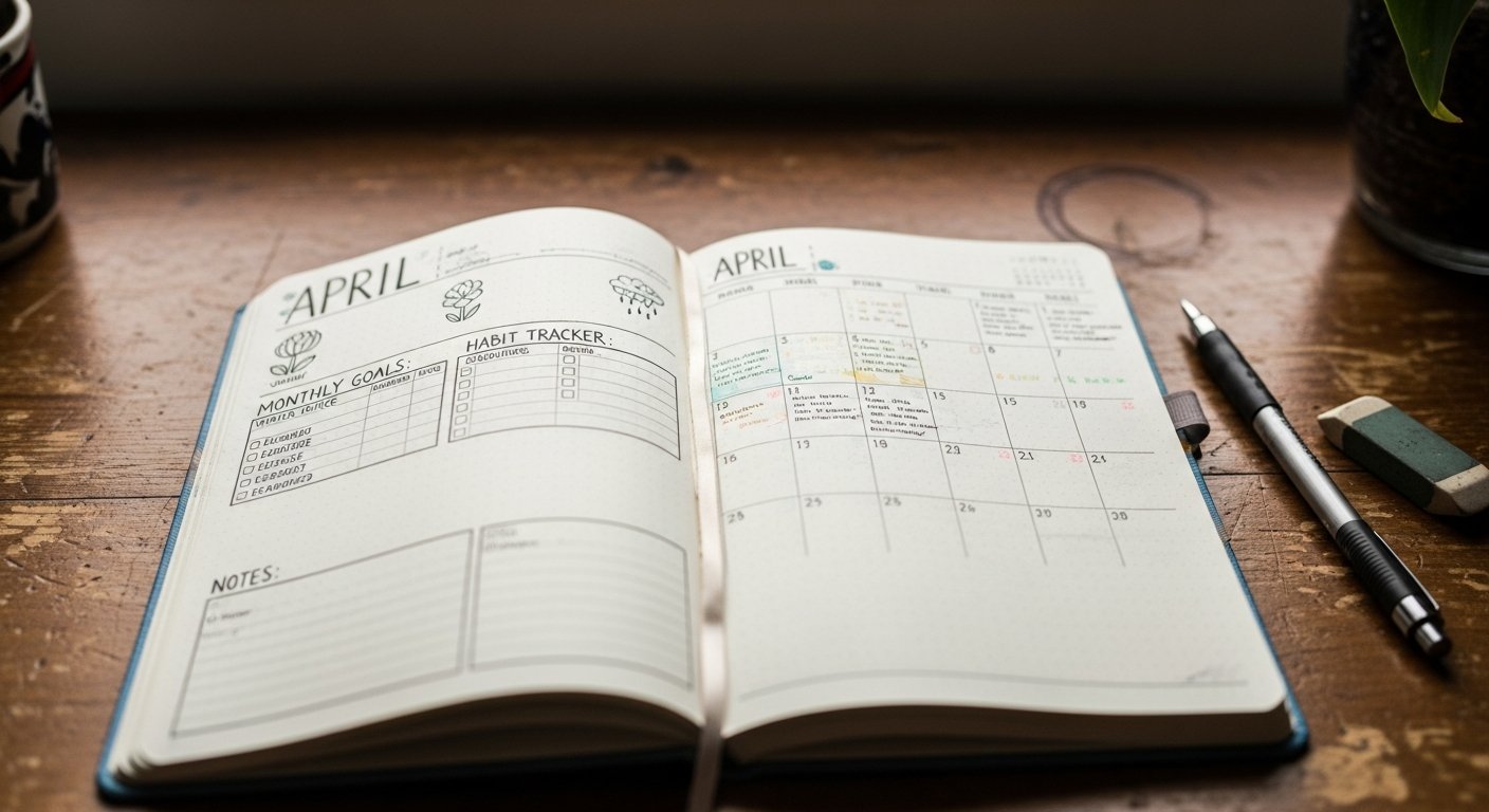 Double page mensuelle de bullet journal avec un calendrier dessiné à la main