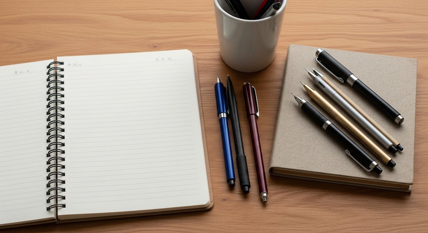 Stylos et instruments d'écriture japonais posés à côté d'un carnet
