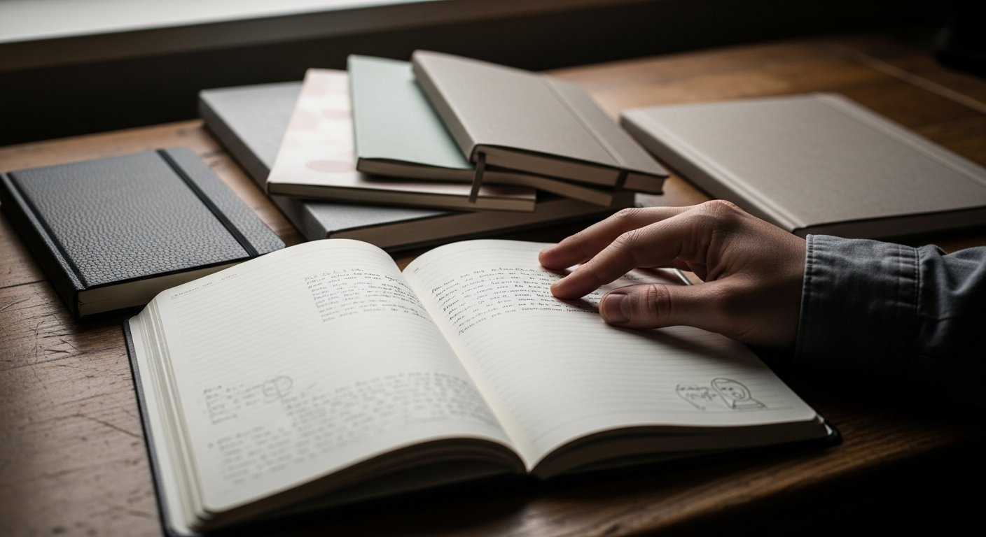 Plusieurs carnets de types différents posés sur un bureau, un ouvert
