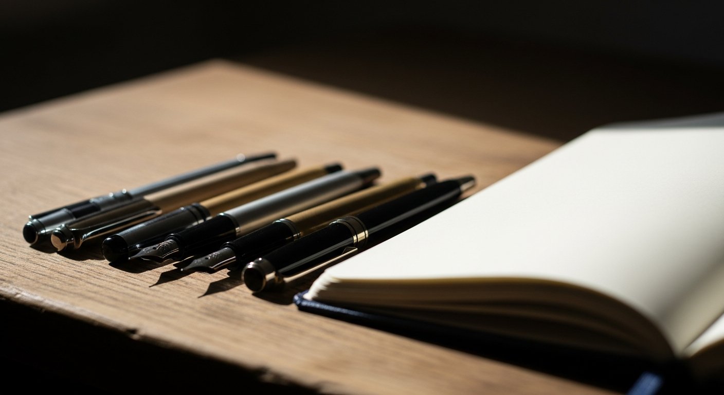 Plusieurs stylos et stylos plume alignés à côté d'un carnet ouvert