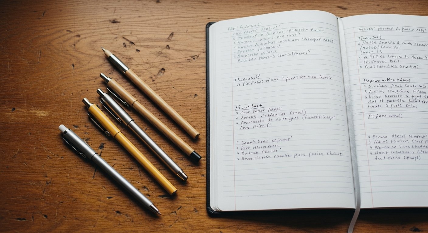 Plusieurs feutres et fineliners alignés sur un carnet ouvert