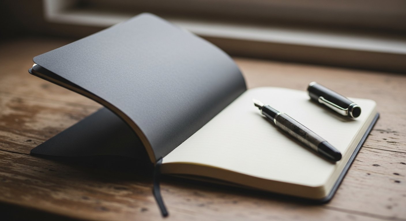 Rhodia Webnotebook dot grid ouvert, tenu en main au-dessus d'une table