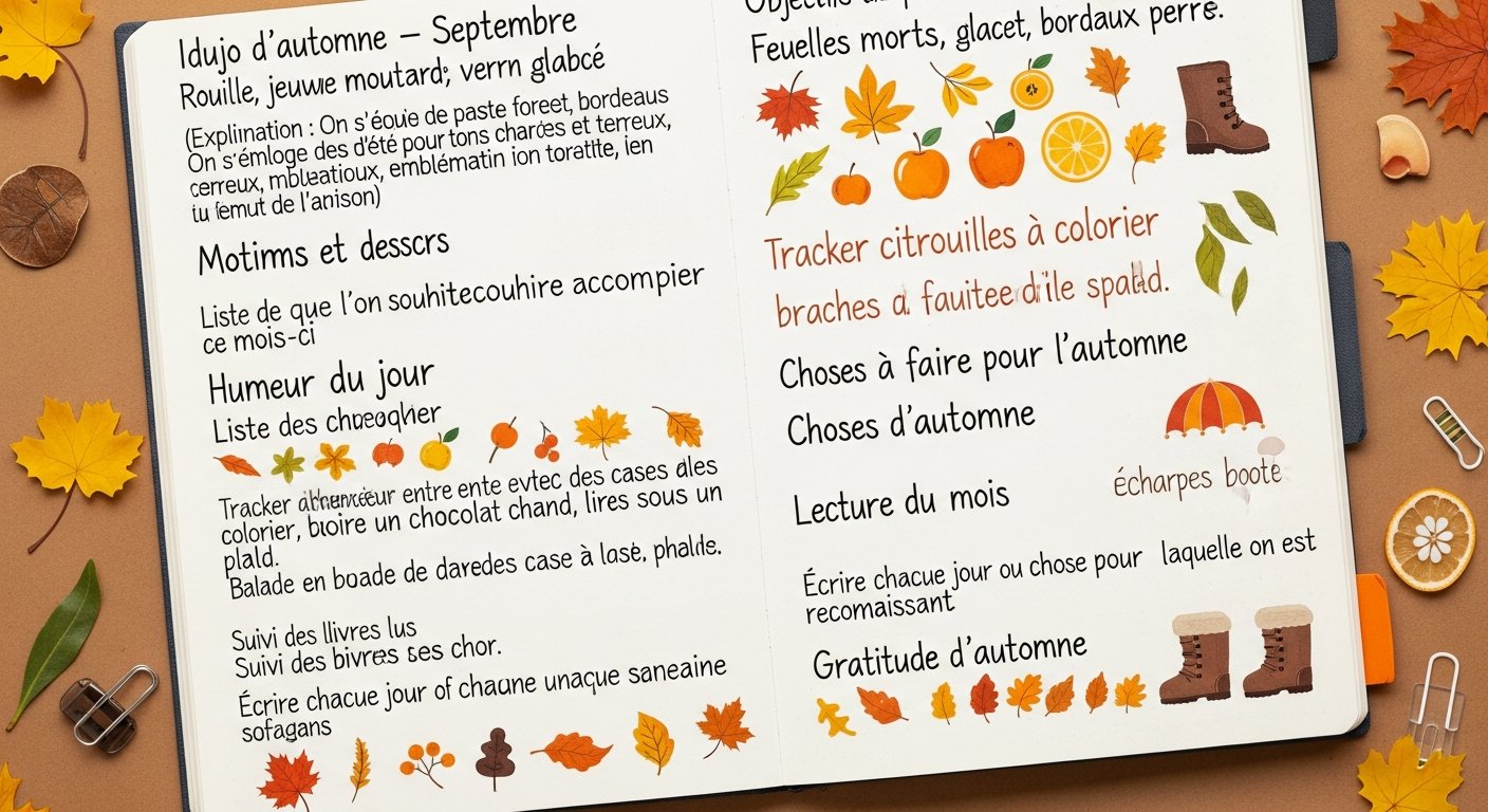 Page de bullet journal sur le thème de l'automne, des feutres à côté