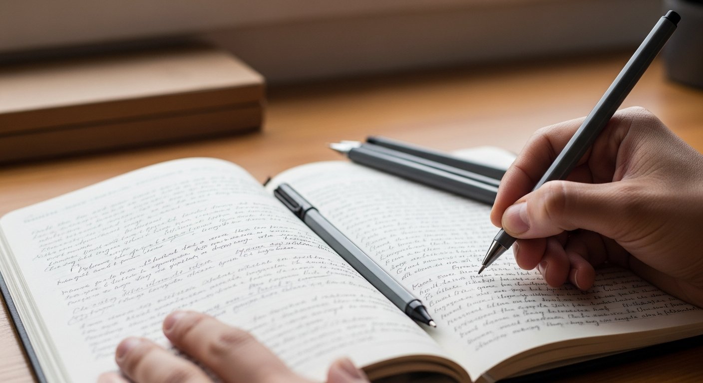 Plusieurs stylos posés à côté d'un carnet ouvert couvert d'écriture