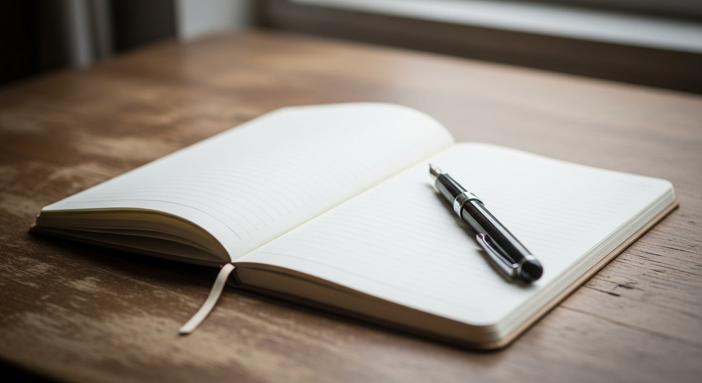 Carnet à couverture olive ouvert, un stylo plume posé