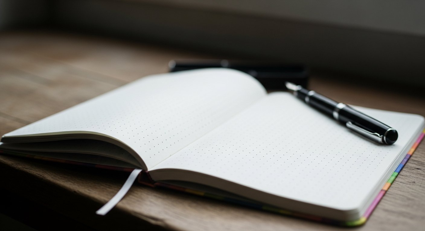 Carnet pointillé à couverture colorée ouvert, un stylo plume
