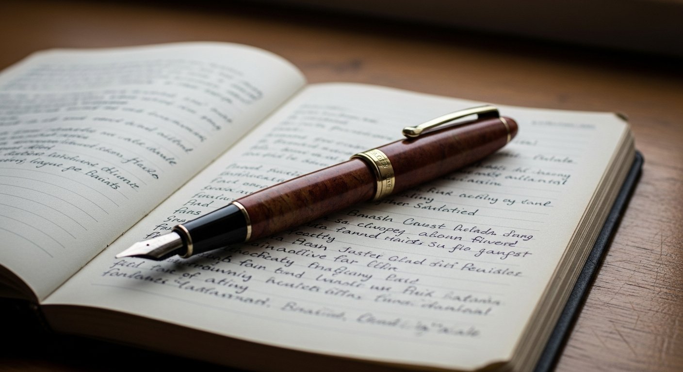 Gros stylo plume laqué posé sur une page de carnet couverte d'écriture