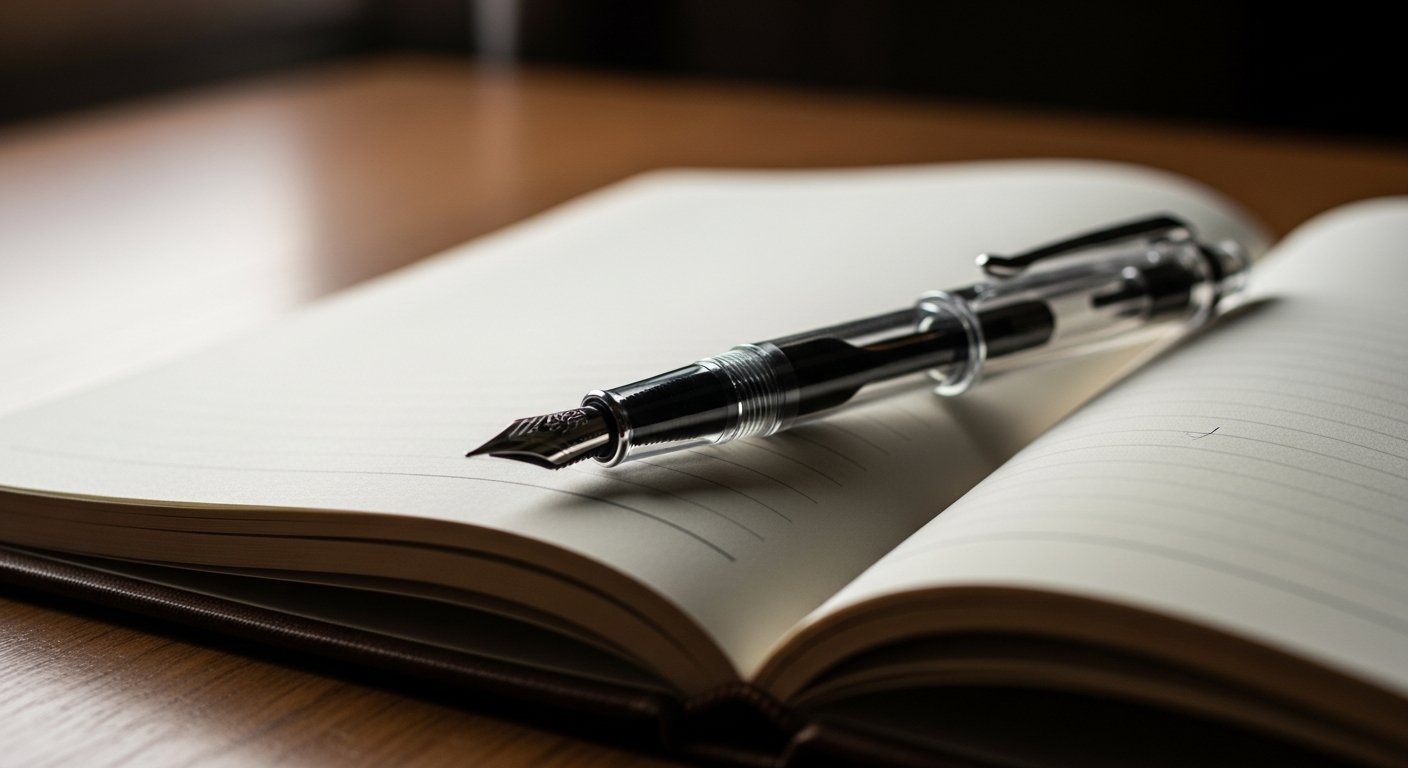 Stylo plume transparent à piston posé sur un carnet ouvert